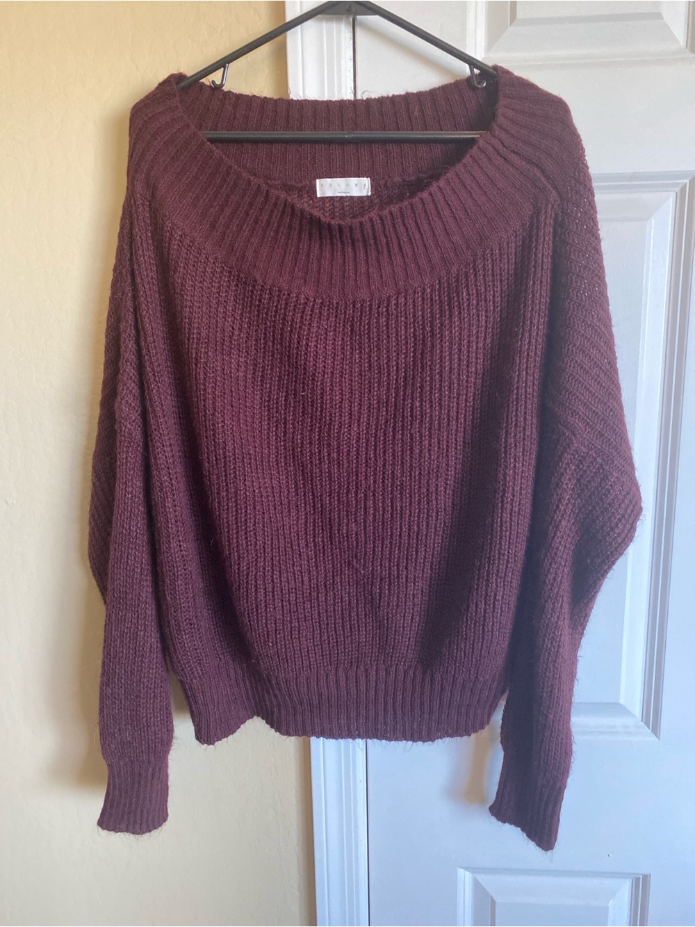 Exlura Burgundy Wool Blend Oversized Off Shoulder Sweater